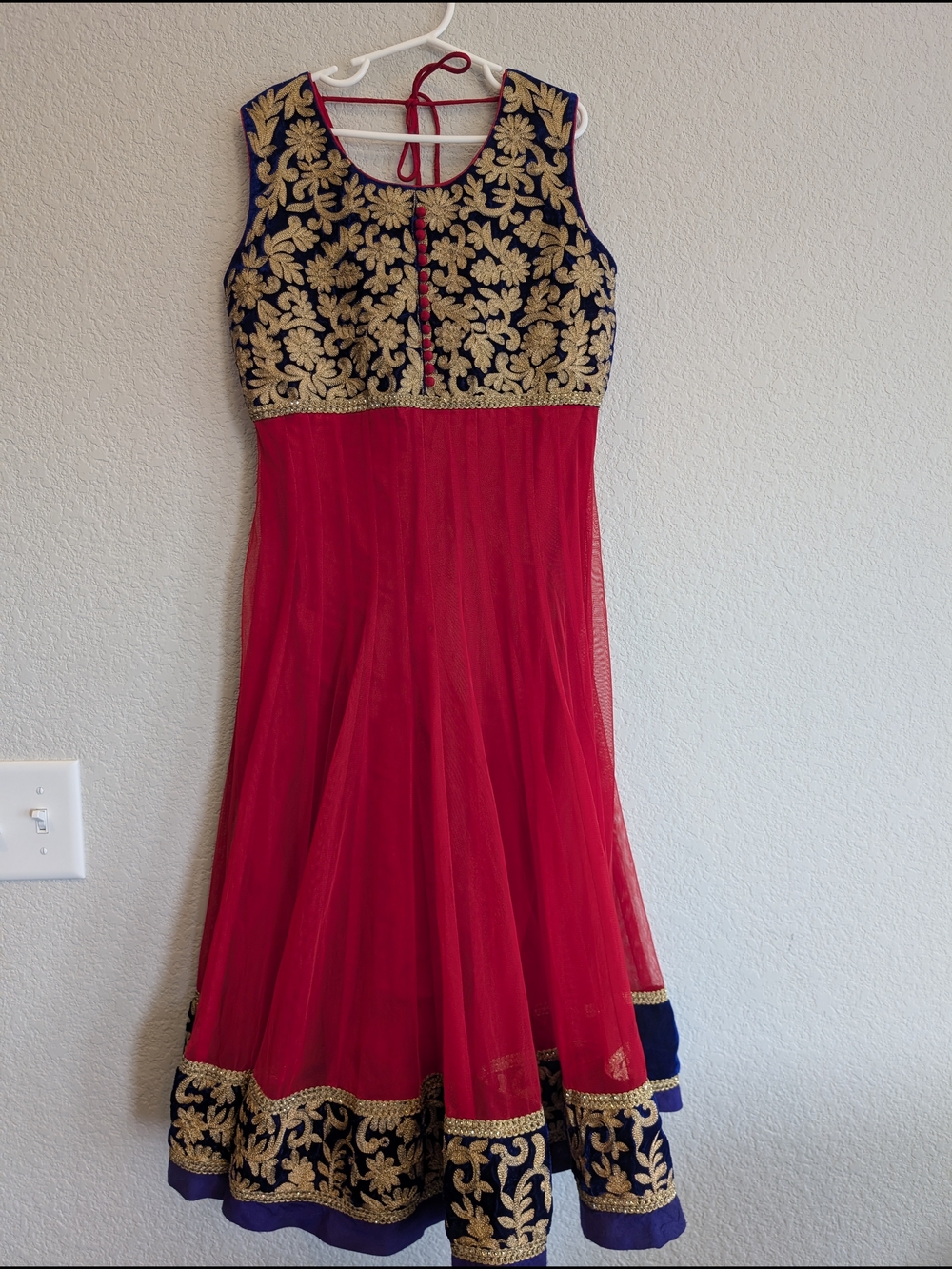 Misha Girl's Sz 8/M Red Maxi Indian Anarkali Dress with Navy & Gold Embroidery